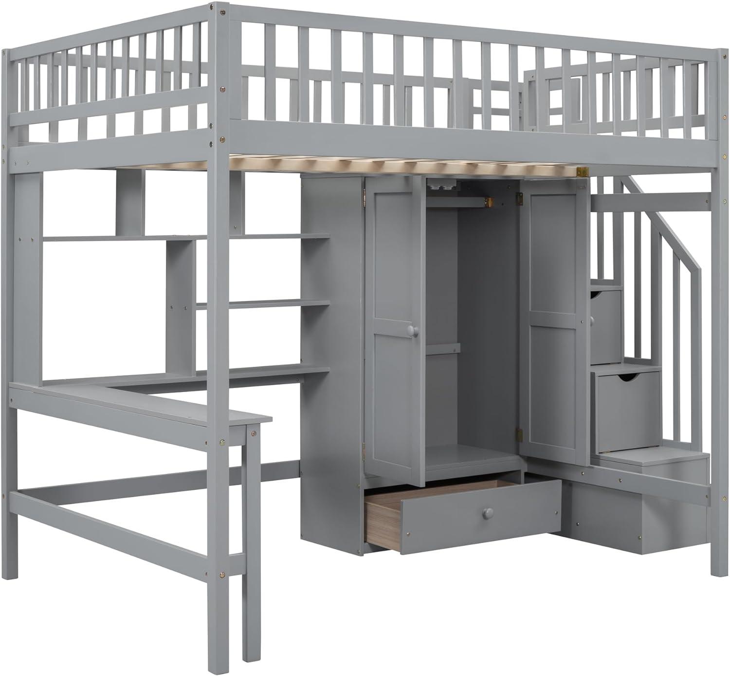 Bellemave Full Size Loft Bed with Stairs and Wardrobe, Wood Loft Beds Frame with Desk and Storage Drawers, Stairway Loft Bed for Kids, Teens & Adults（Gray）