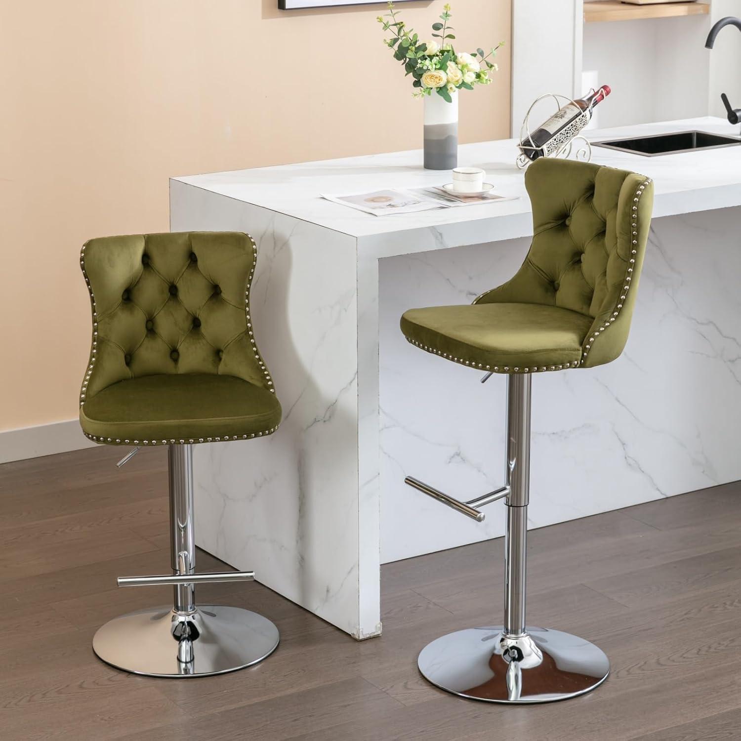 Olive Green Velvet Adjustable Swivel Bar Stools with Chrome Base