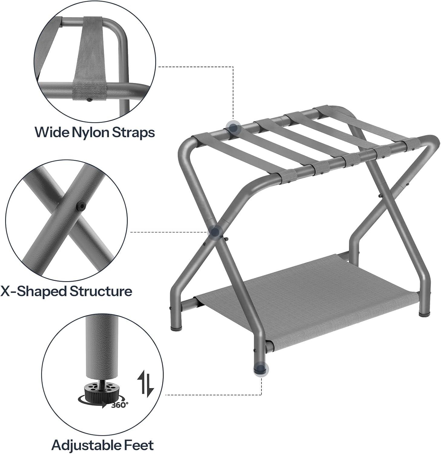 MEBROT Set Of 2, Foldable Suitcase Stands For Guest Room, Metal Luggage Holder With Storage Shelf For Bedroom, Hotel, Easy Assemble
