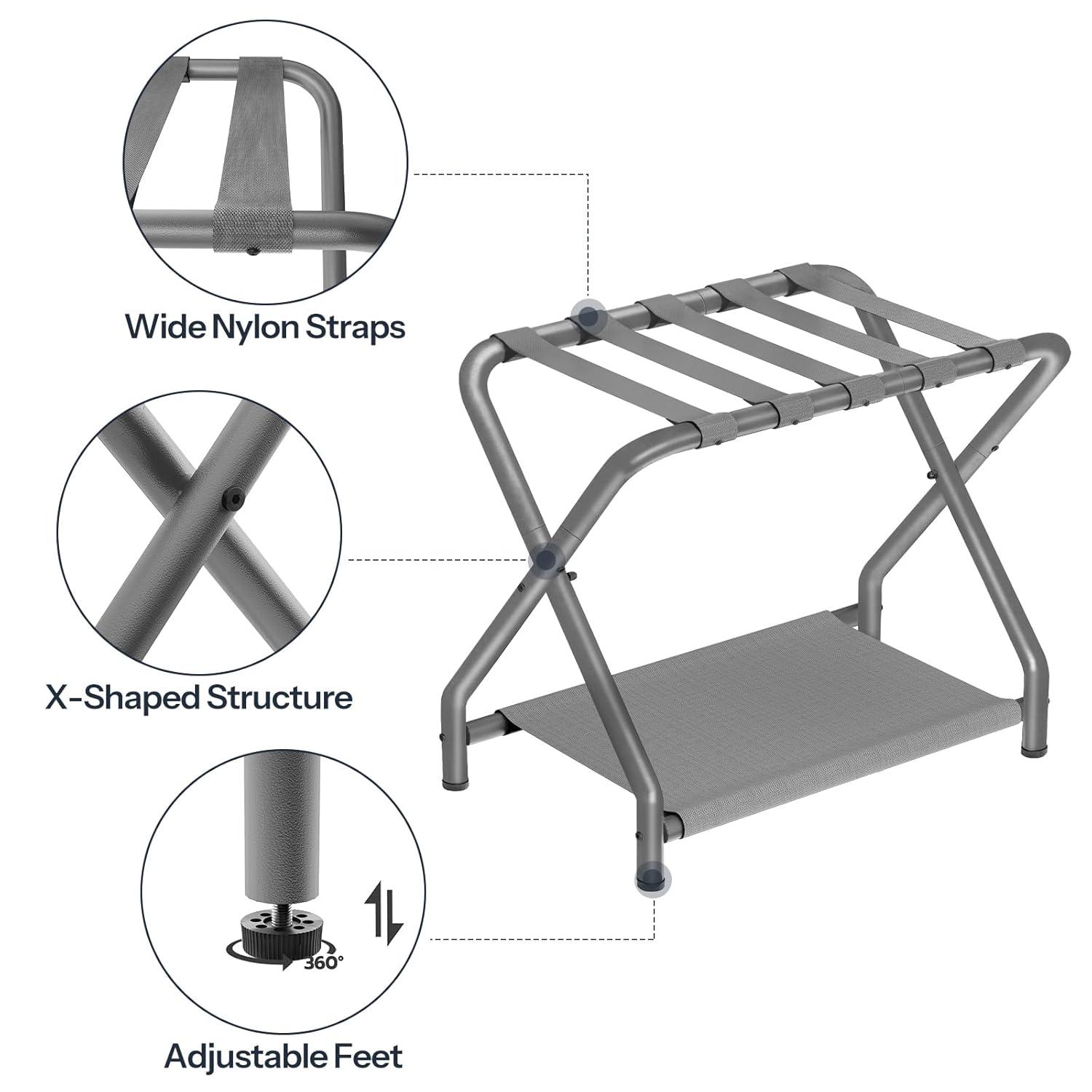 MEBROT Set Of 2, Foldable Suitcase Stands For Guest Room, Metal Luggage Holder With Storage Shelf For Bedroom, Hotel, Easy Assemble