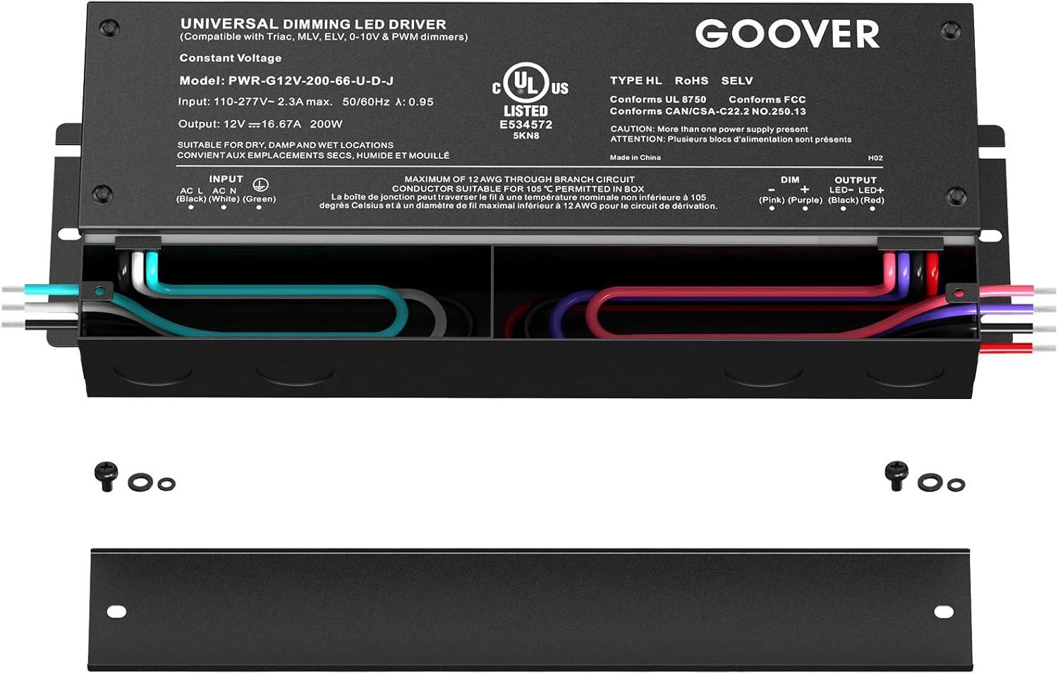 GOOVER 200W Dimmable LED Driver, 12V Triac Dimmable Power Supply, AC to DC Transformer for LED Light, Compatible with Lutron and Leviton Dimmer, Waterproof IP67 and UL Listed