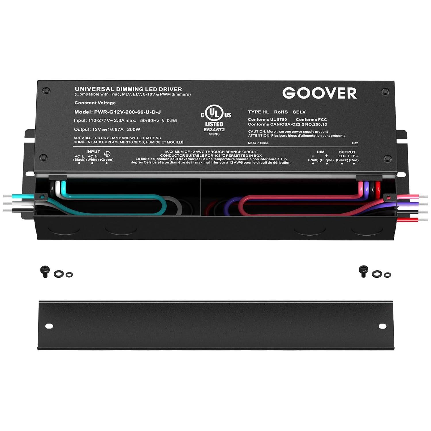 GOOVER 200W Dimmable LED Driver, 12V Triac Dimmable Power Supply, AC to DC Transformer for LED Light, Compatible with Lutron and Leviton Dimmer, Waterproof IP67 and UL Listed