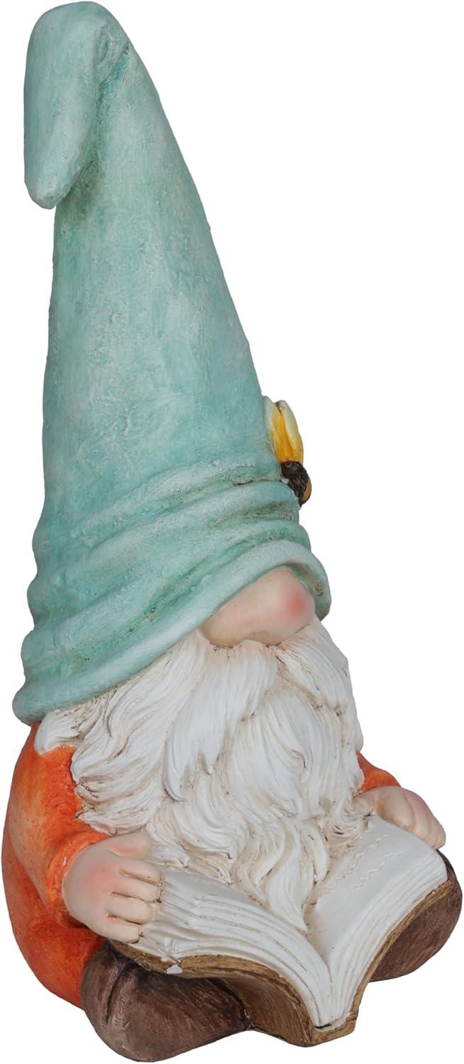 Alpine Corporation Gnome With Turquoise Hat Reading Book Décor: Ceramic Statue, Mythical Charm, Indoor/Outdoor Use