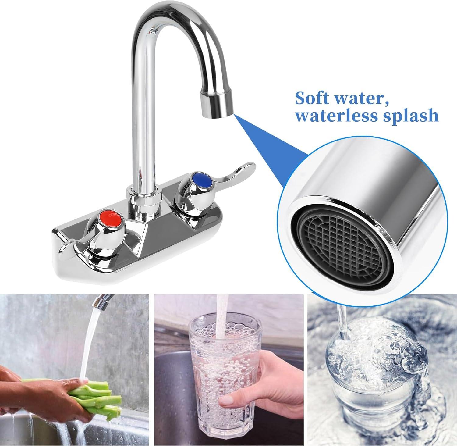 KWODE 4 Inch Center Commercial Hand Sink Faucet with 3-1/2”Gooseneck Spout, Dual Lever Handle Wall Mount Kitchen Sink Faucet, Brass Constructed, Chrome