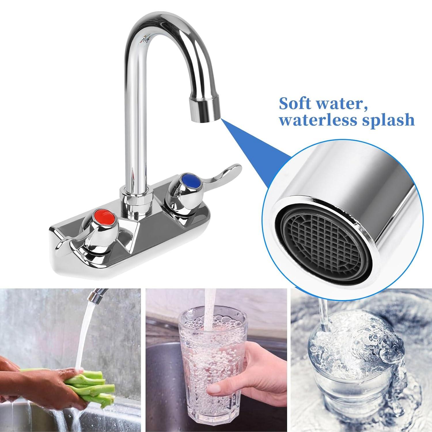 KWODE 4 Inch Center Commercial Hand Sink Faucet with 3-1/2”Gooseneck Spout, Dual Lever Handle Wall Mount Kitchen Sink Faucet, Brass Constructed, Chrome