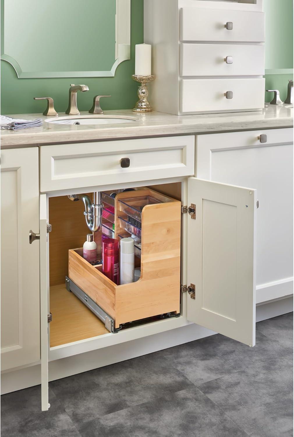 Maple Wood L-Shaped Vanity Cabinet Organizer with Soft-Close Slides