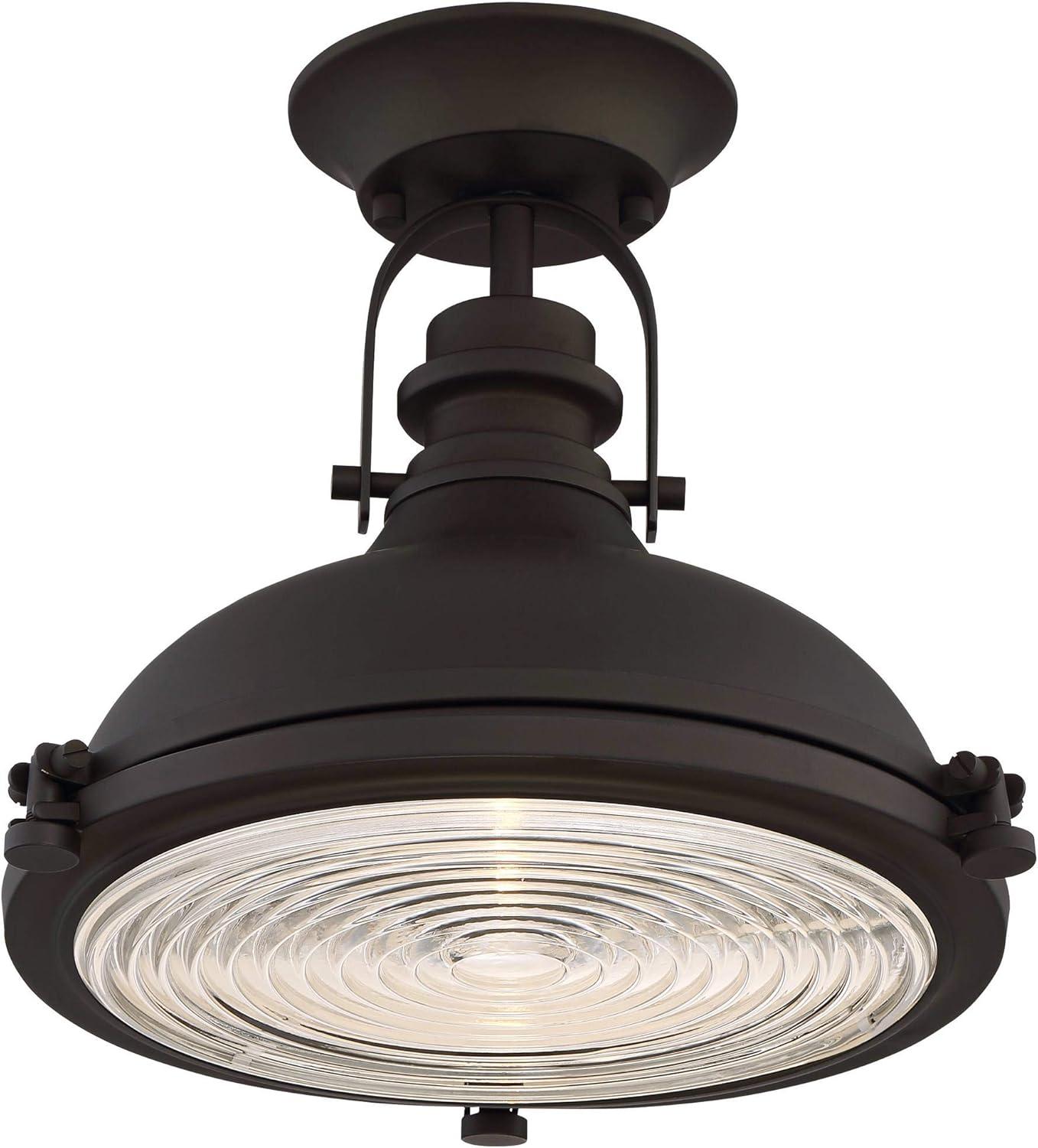 Bronze Dome 14" Industrial Semi-Flush Mount with Clear Ribbed Glass