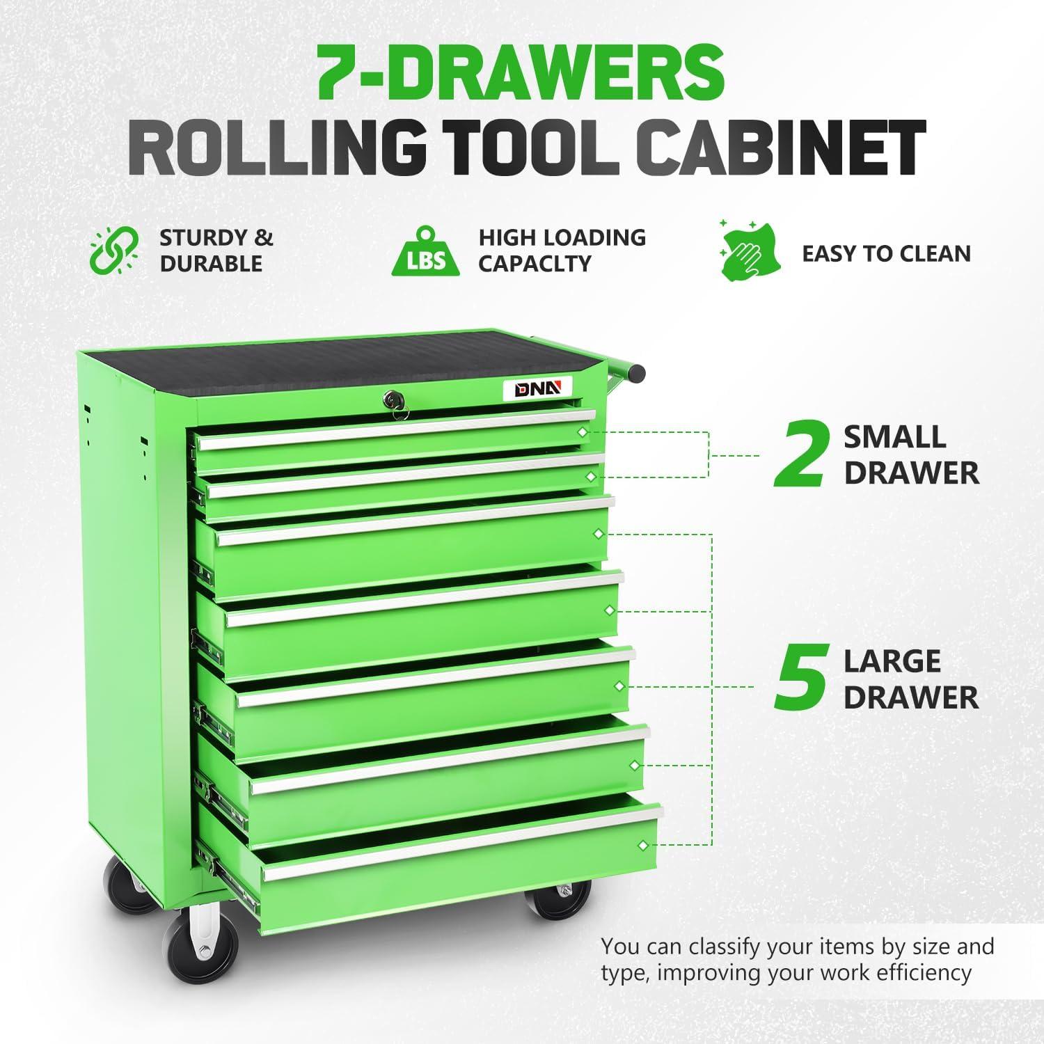 Green Steel 7-Drawer Rolling Tool Cabinet with Lock