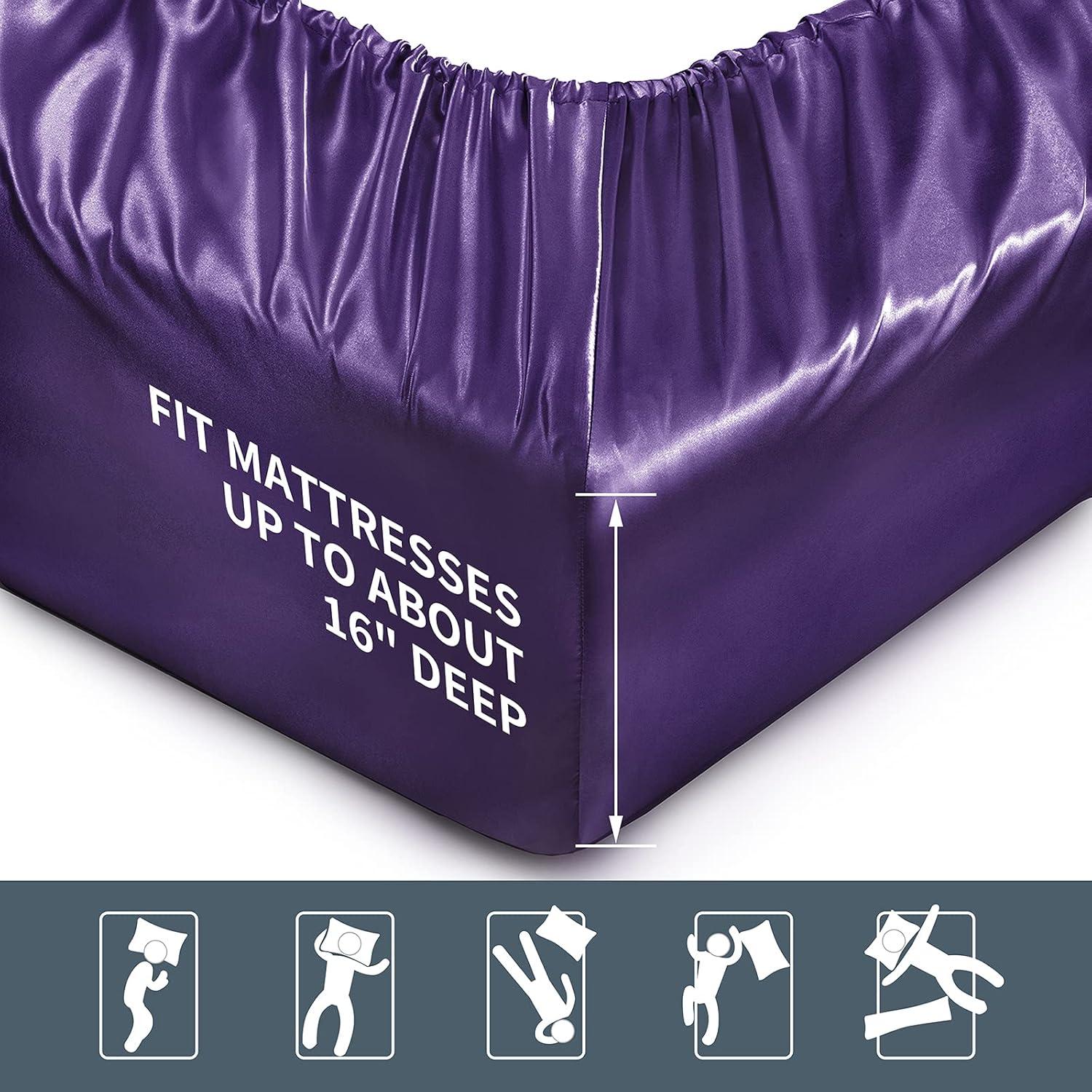 Hight Thread Count Solid Color Soft Silky Charmeuse Satin Luxury and Super Soft Bed Sheet Set (Purple, Queen)