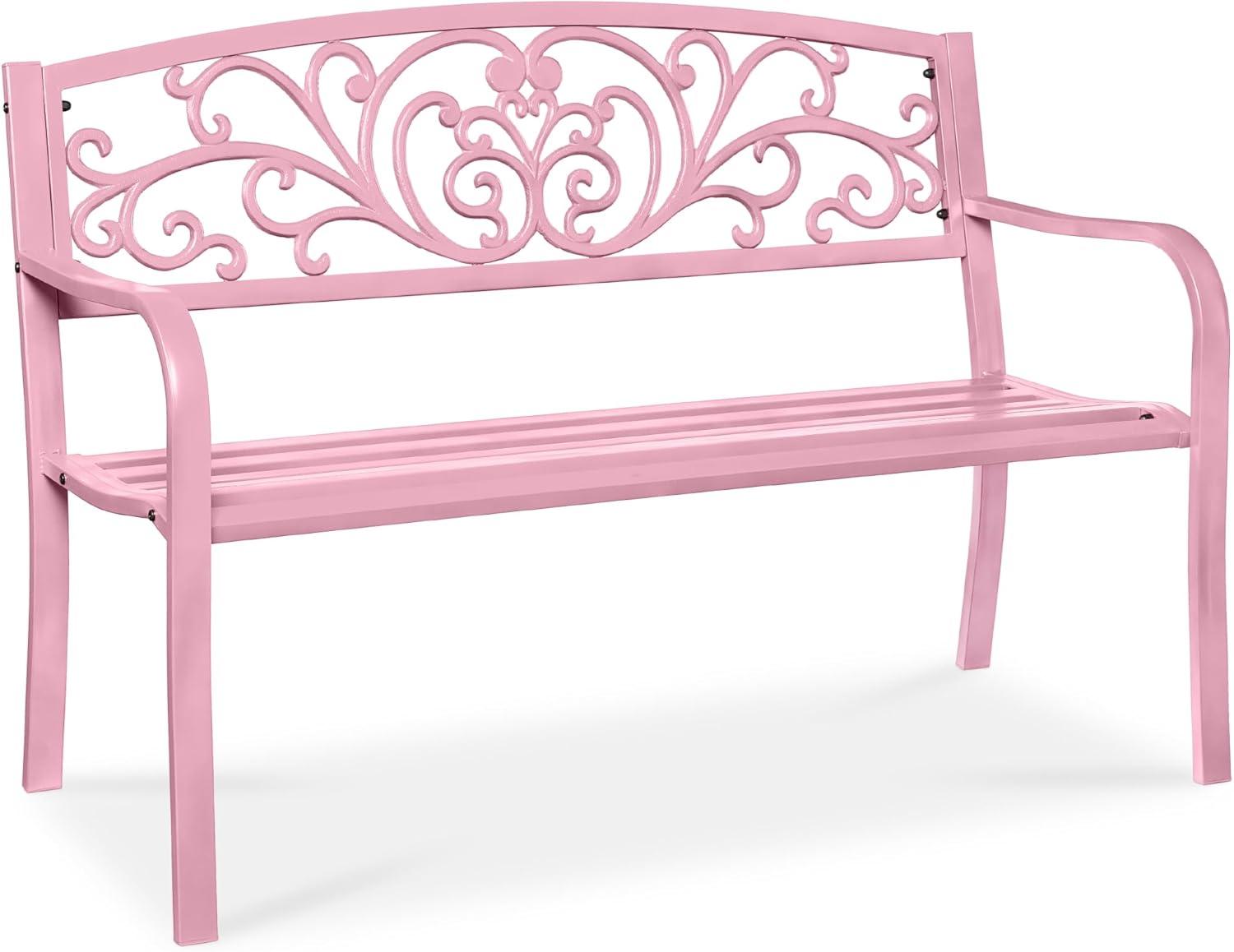 World Menagerie Outdoor Steel Bench with Floral Backrest & Slatted Seat, Marigold for Garden, Patio, Porch, Lawn, and Deck