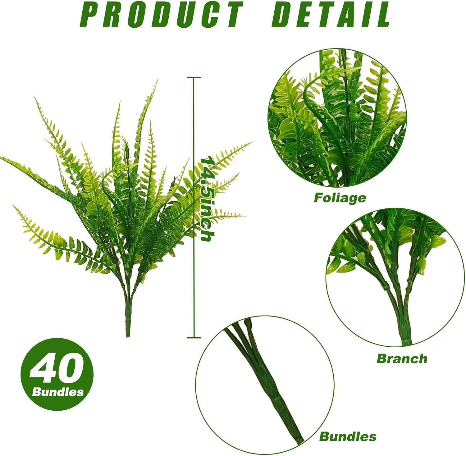 40 Pcs Artificial Boston Fake Fern Plants Bushes Faux Plants Shrubs Greenery UV Resistant for House Office Garden Indoor Outdoor Décor