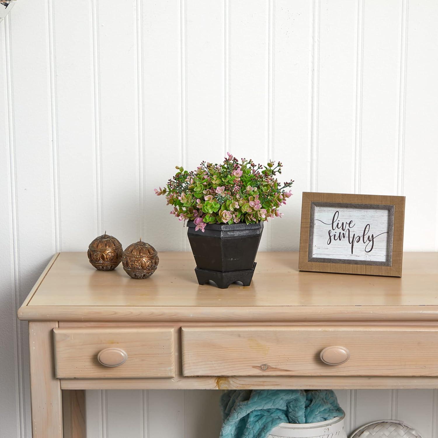 13'' Purple and Green Faux Eucalyptus and Sedum Plant in Black Planter