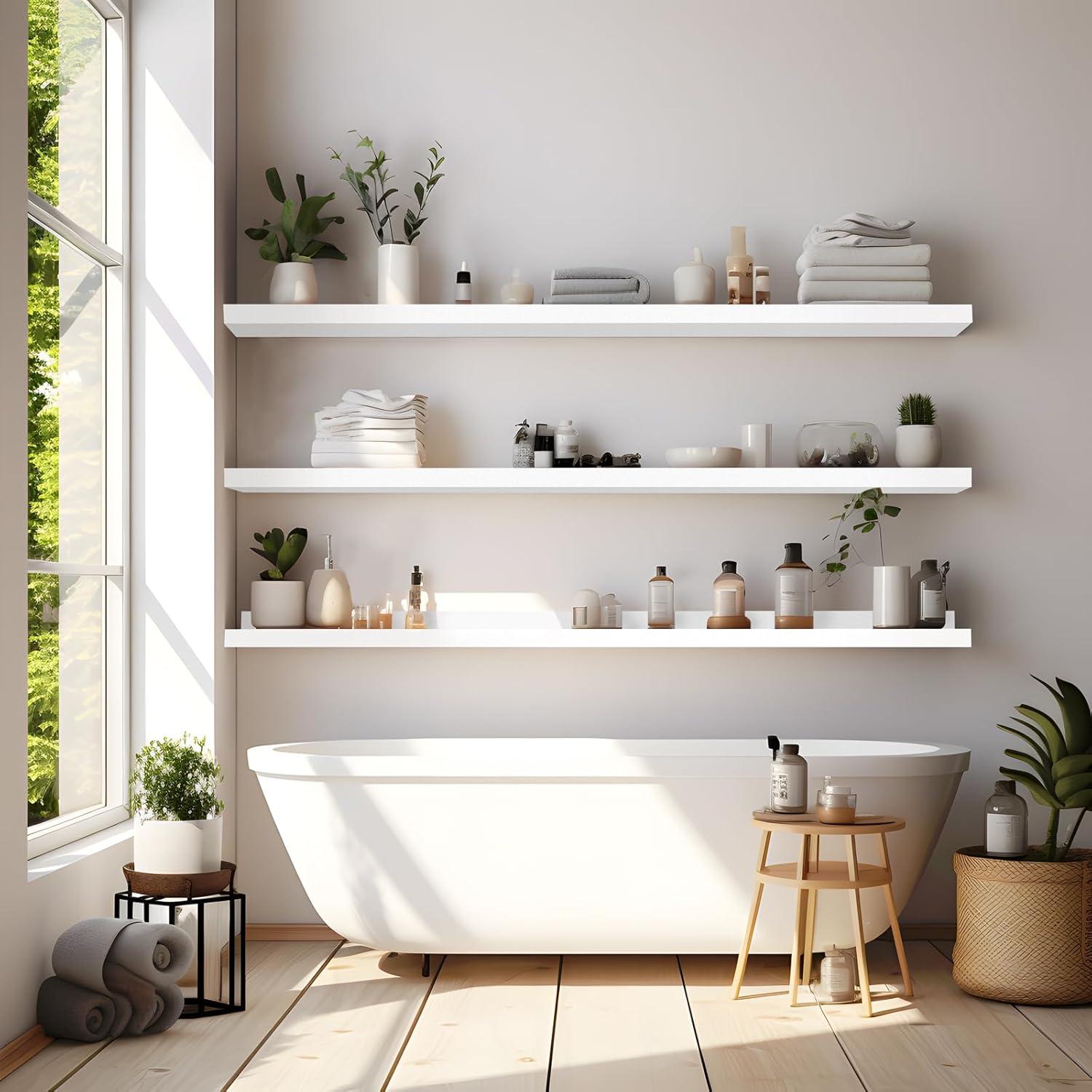 Floating Shelves for Wall Storage Set of 4, 48 Inch Picture Ledge Shelf, White Wall Shelves with Lip for Kitchen, Bedroom, Bathroom, and Living Room