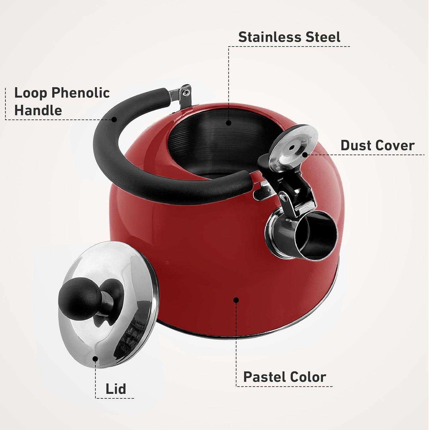 Red Stainless Steel 2-Quart Whistling Tea Kettle