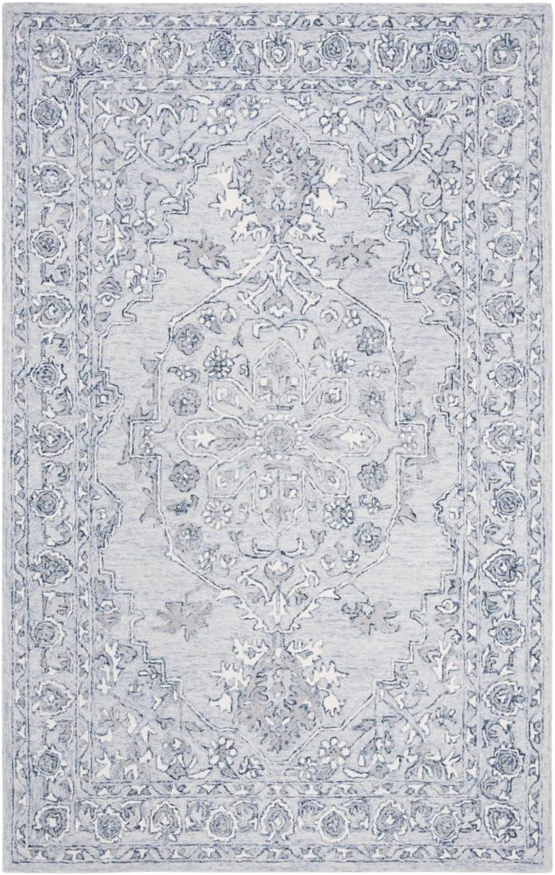 SAFAVIEH Micro-Loop Britton Floral Bordered Wool Area Rug, Light Blue/Ivory, 8' x 10'