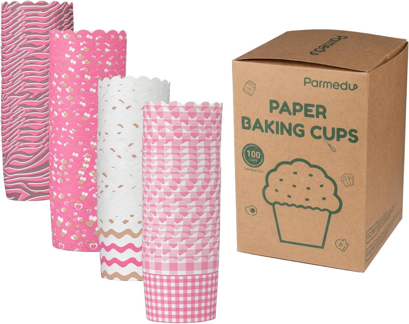 100pcs Baking Paper Cupcake & Muffin Liners - 2.4 Inches, No Baking Pan Needed, Thick & Sturdy, High Temperature & Oil Resistant, Non-stick - Pink Serie 4 Patterns, Model BK011