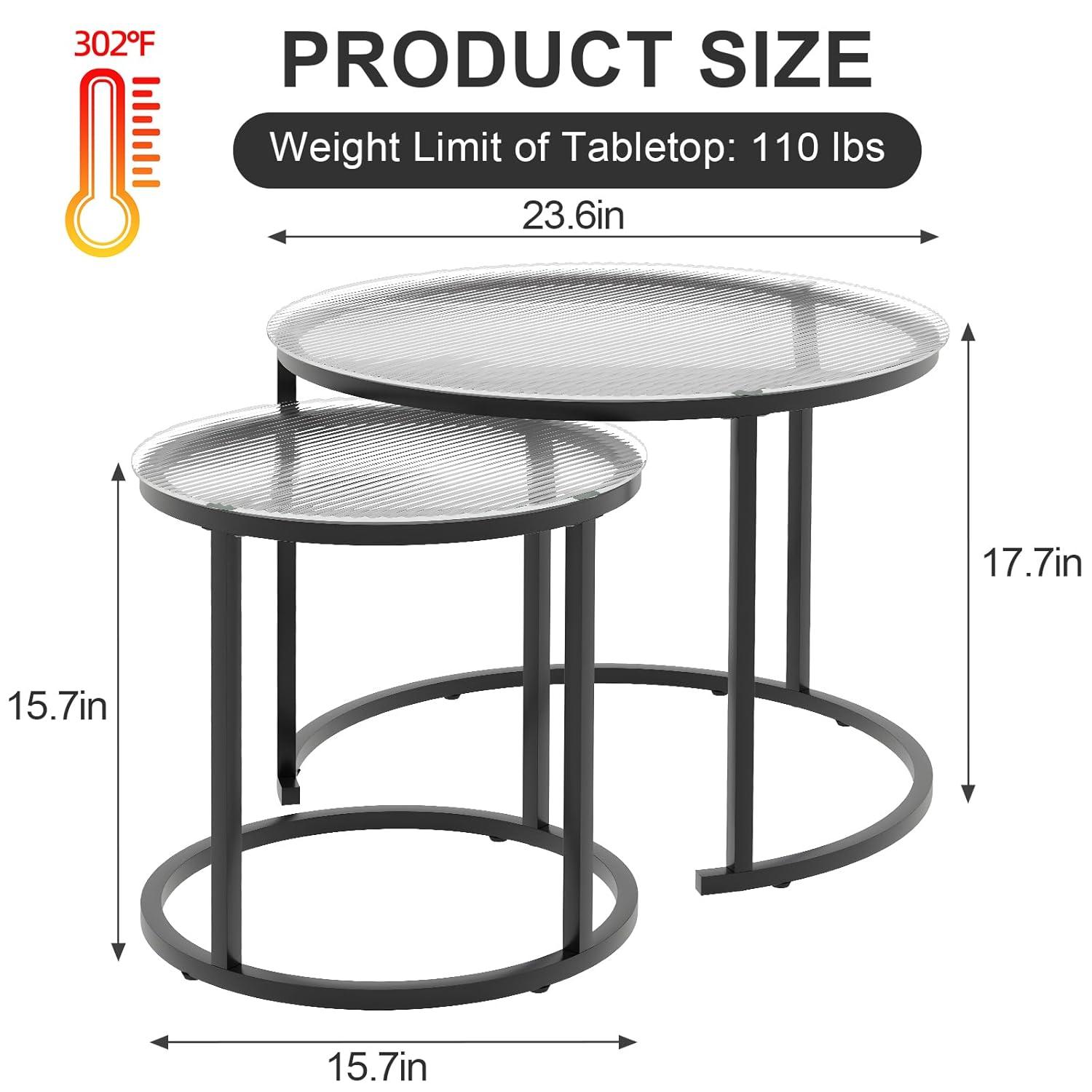 aboxoo Gold Nesting Coffee Table Set of 2, Small Glass Round Nesting Tables for Living Room Bedroom, Accent Tea Table with Black Metal Frame Modern Industrial Simple