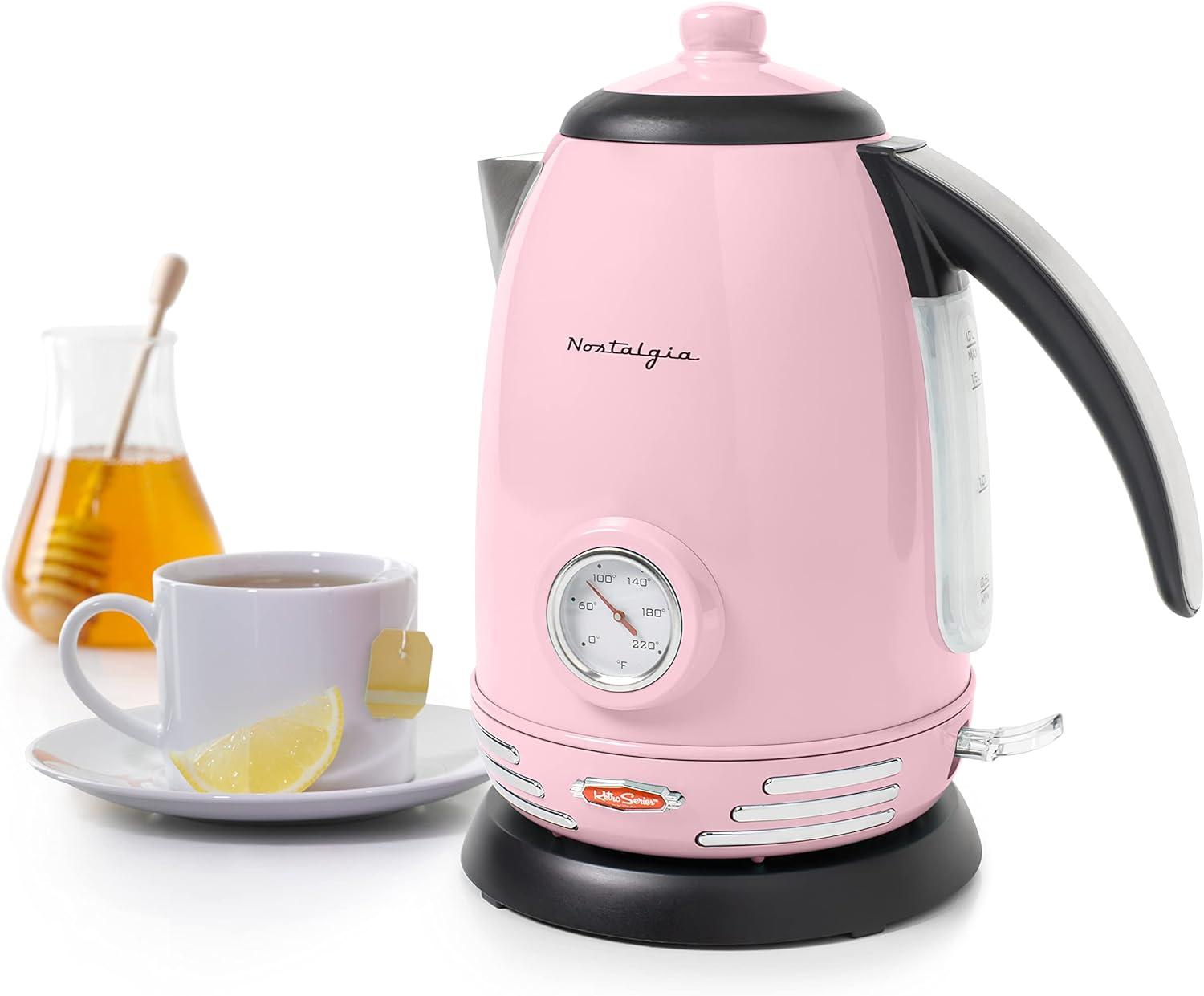 Nostalgia Retro 1.7-liter Stainless Steel Electric Water Kettle With Strix Thermostat, Pink