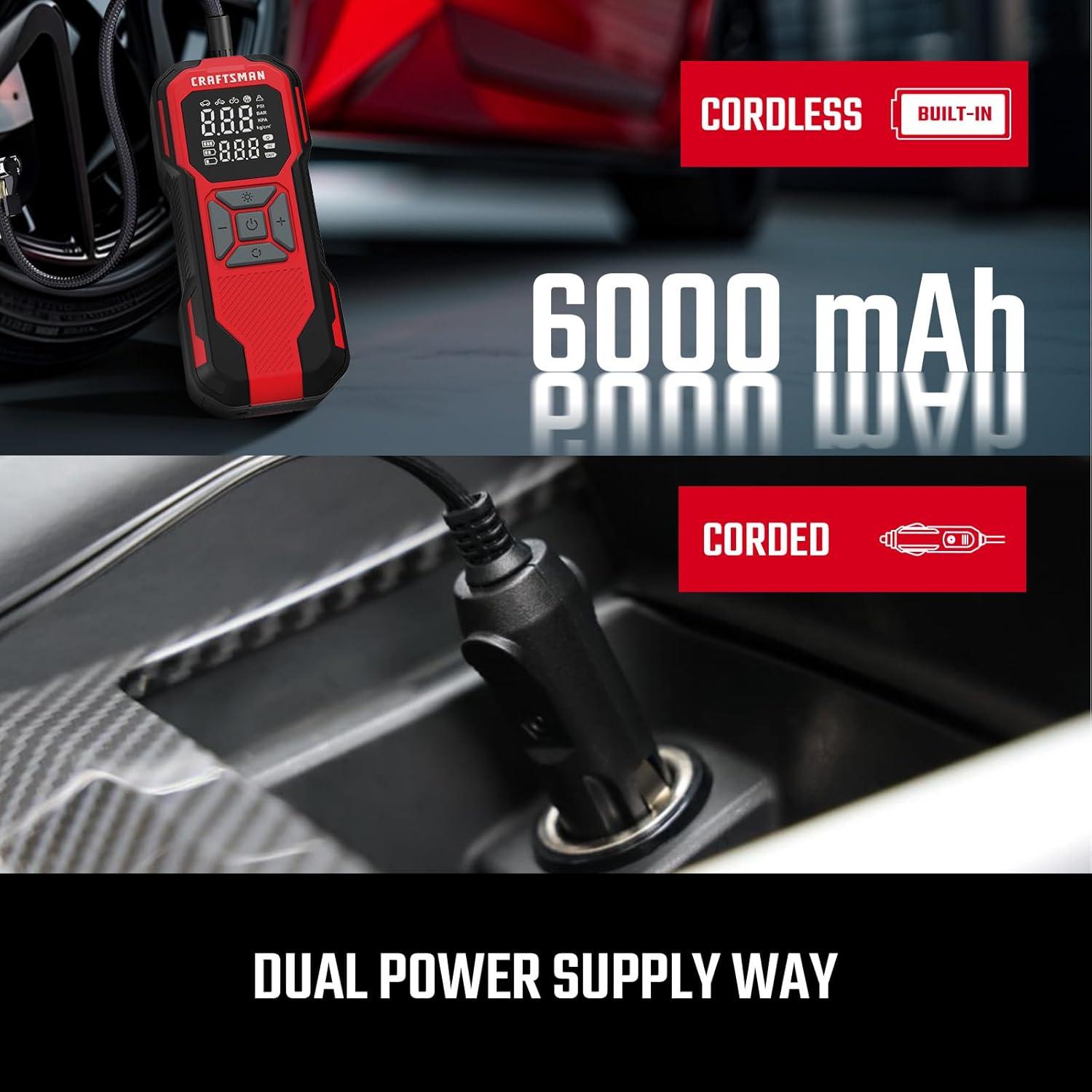 CRAFTSMAN Tire Inflator Portable Air Compressor, Cordless Mini Air Pump for Car Tires with Digital Tire Pressure Gauge, 6000mAh Battery Powered Air Pump, Max Pressure 150 PSI, 12V DC Corded