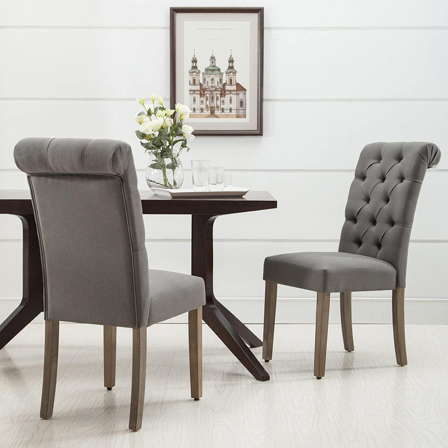 Sophisticated Grey Linen and Weathered Wood Tufted Dining Chair (Set of 2)