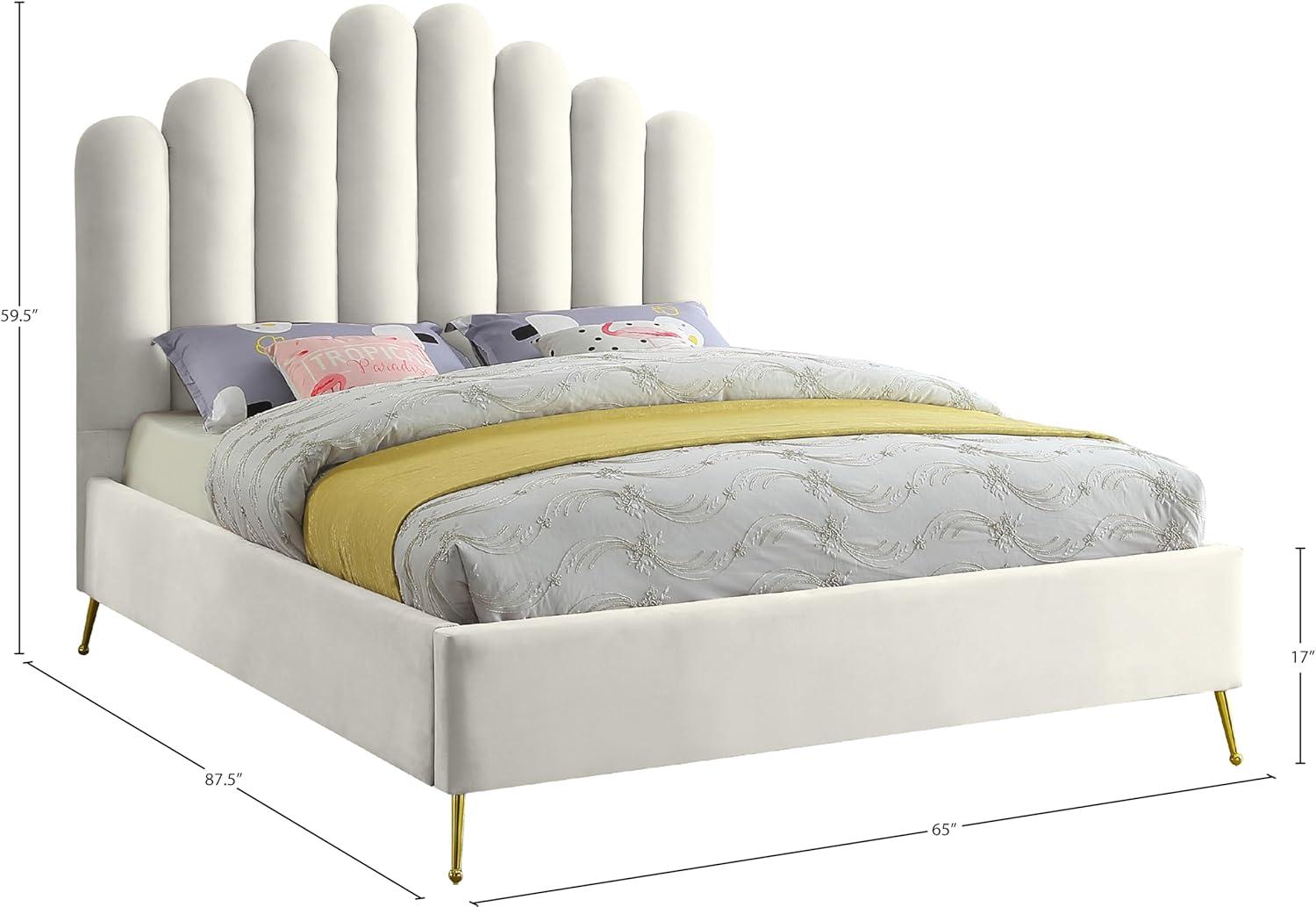 Meridian Furniture Contemporary Velvet Upholstered Platform Bed with Sturdy Gold Steel Legs and Deep Channel Tufted Headboard