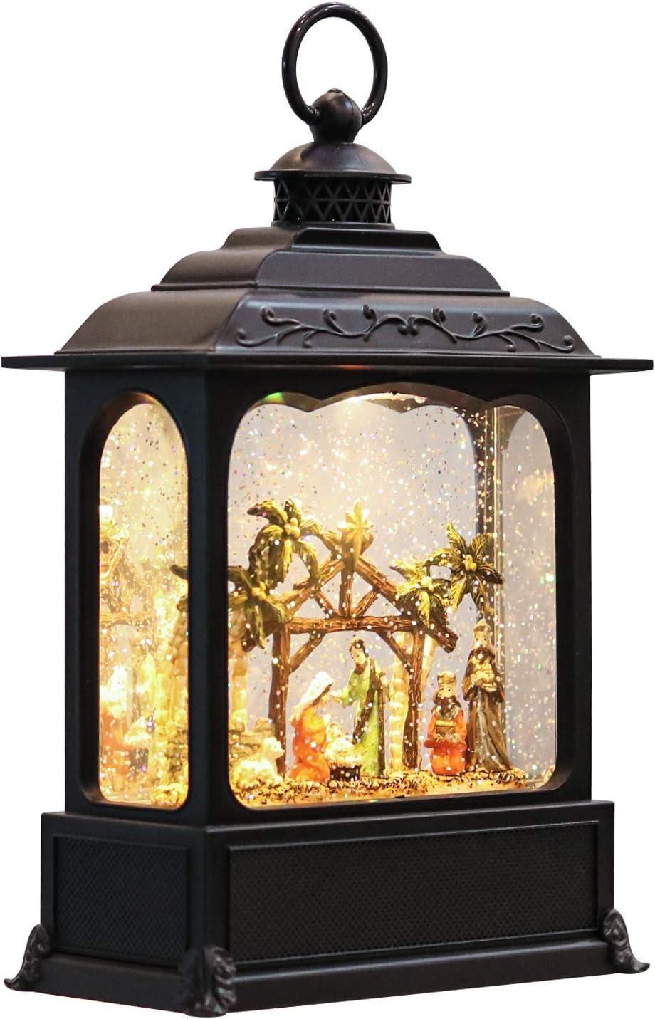 Eldnacele Musical Snow Globe Lantern with Timer, Lighted USB/Battery Operated Swirling Singing Water Glittering Lantern, Snow Globes for Adults and Kids Christmas Decoration - Nativity