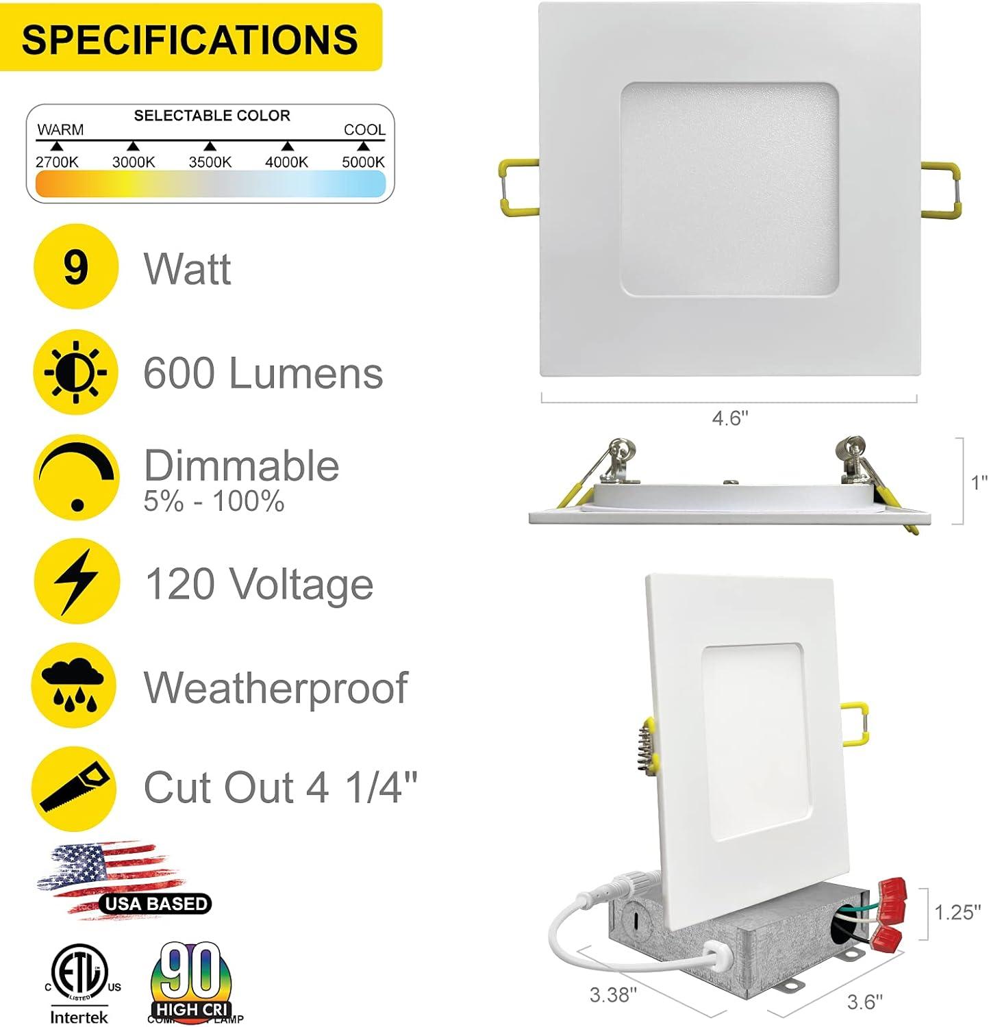 4 in. Slim Canless Square LED Recessed Light 12W 5CCT Dimmable IC Rated 550LM Black Trim 12PK