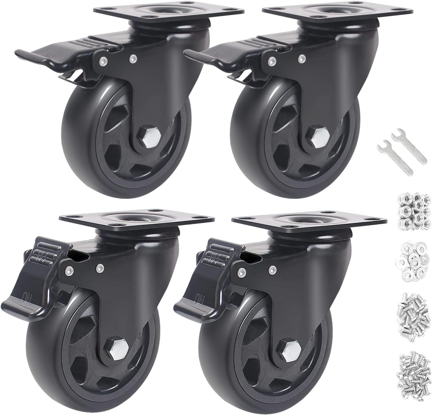 4-Inch Black Polyurethane Heavy Duty Caster Wheels Set