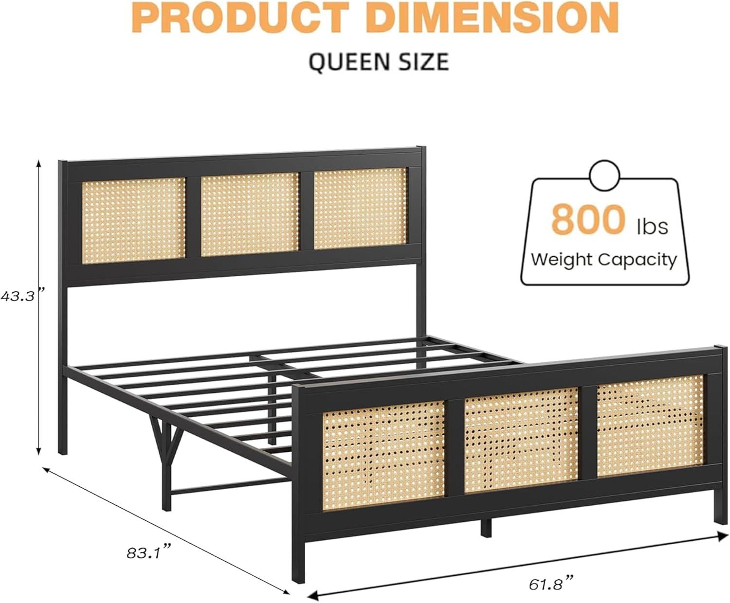 Garvee Rattan Bed Frame with Headboard, Full Bed Frame with Strong Metal Slats Support, Noise-Free Design, No Box Spring Needed, Black