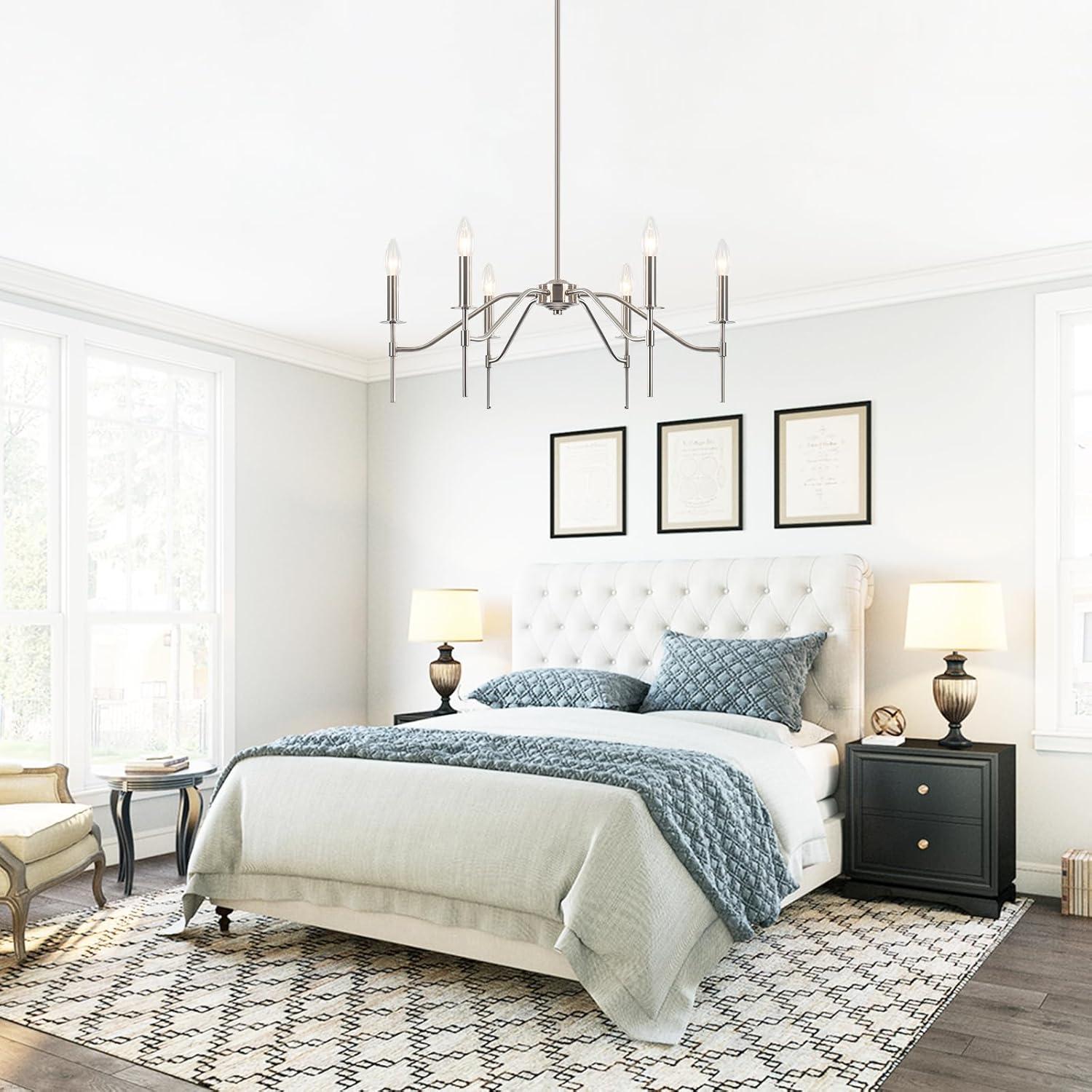 6-Light Farmhouse Chandelier for Dining Room Lighting Fixtures Hanging Brushed Nickel Chandelier for Kitchen Industrial Pendant Candle Lighting or Living Room Entryway Bedroom Foyer
