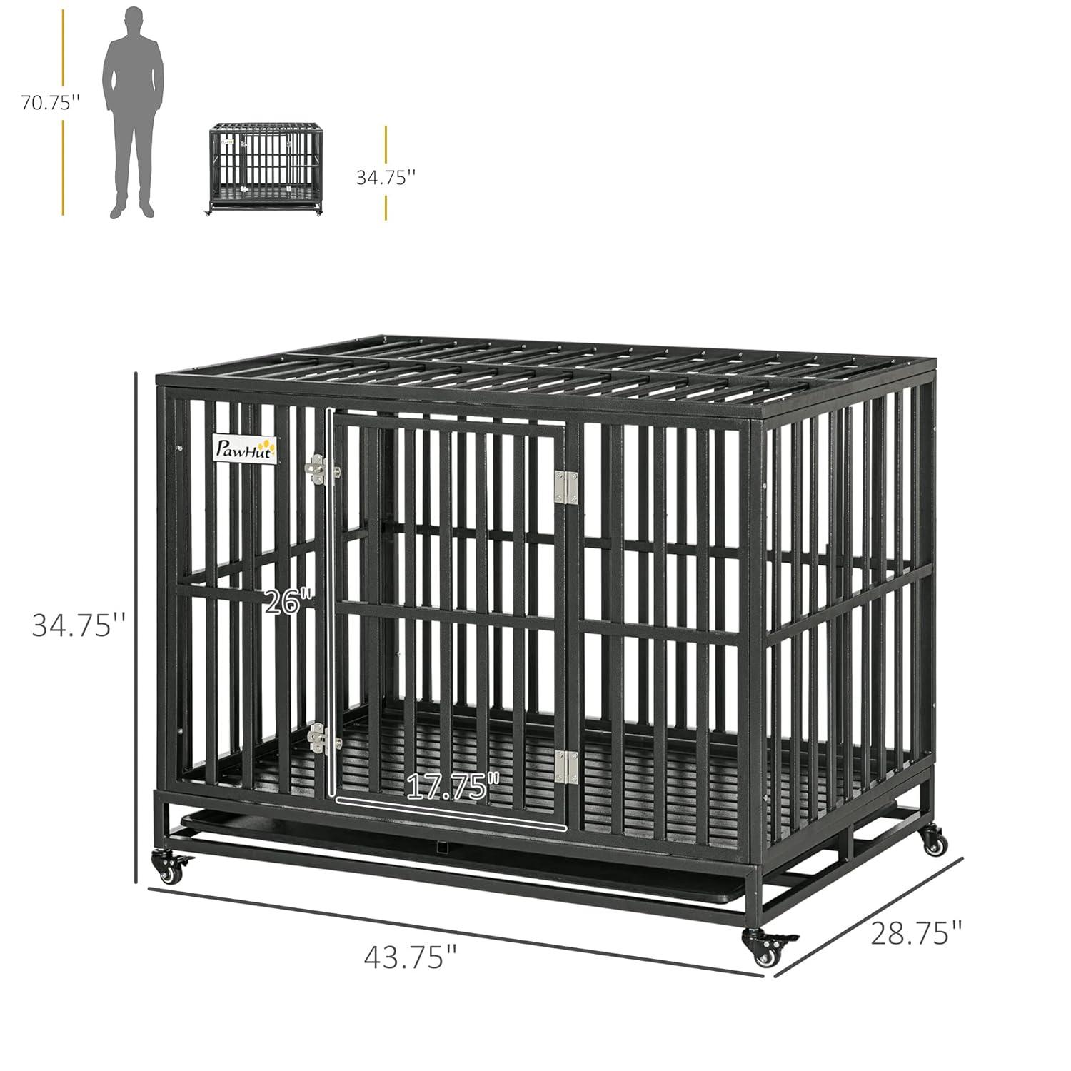PawHut 44" Heavy Duty Dog Crate Metal Kennel and Cage Dog Playpen with Lockable Wheels, Slide-out Tray and Anti-Pinching Floor