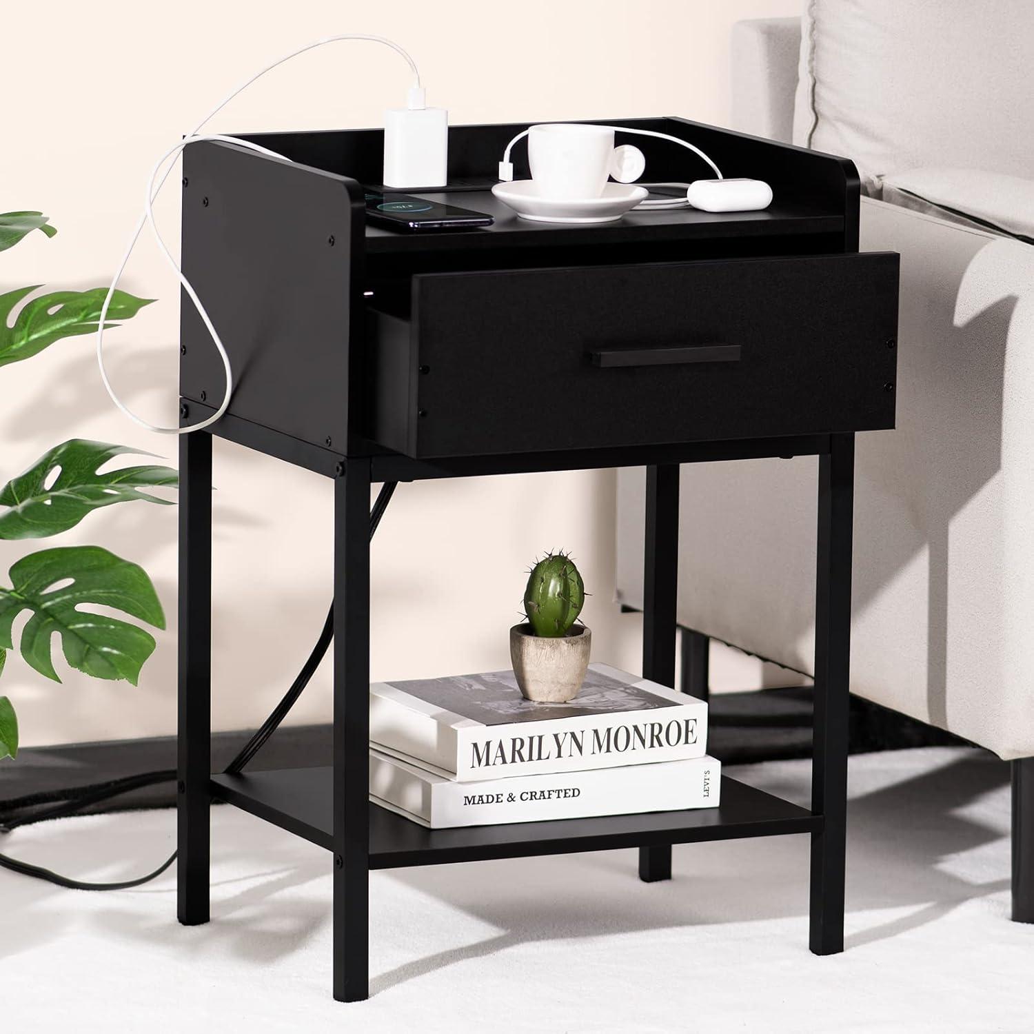 YAHARBO White Nightstand Set of 2 with Charging Station, Small Bedside Table with USB Ports and Power Outlets, Modern End Side Tables with Drawer, Night Stand for Bedroom, Office, Small Space