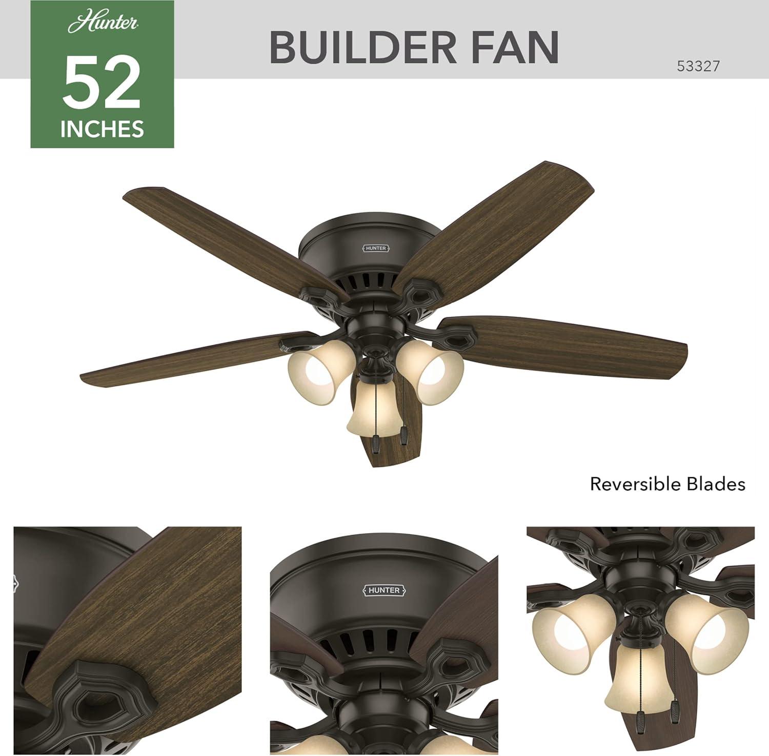 Builder Low Profile 52" 5 - Blade Flush Mount Ceiling Fan with Lights and Pull Chains