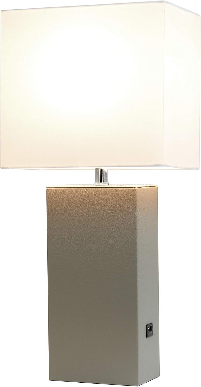Modern Leather Table Lamp with USB and Fabric Shade Gray/White - Elegant Designs: Chic USB Charging Port, Linen Shade, No Assembly Required