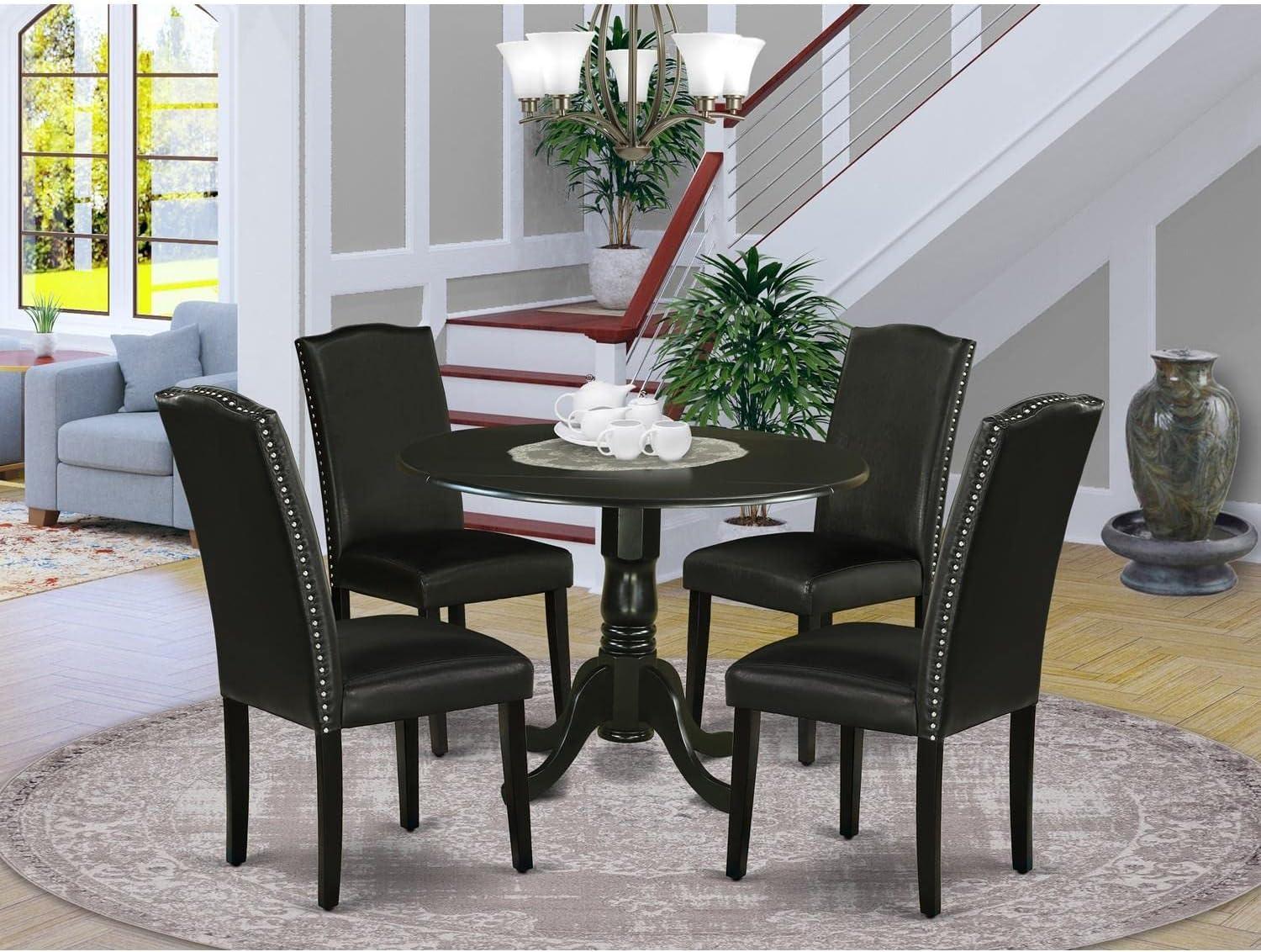 East West Furniture Dublin 5-piece Wood Dining Set with Leather Seat in Black