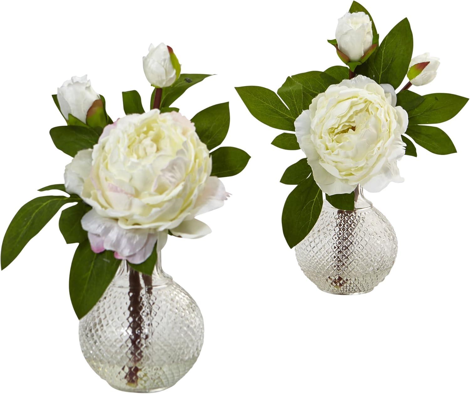 Elegant Peony & Rose Double-Bloom Floral Arrangement with Textured Vase