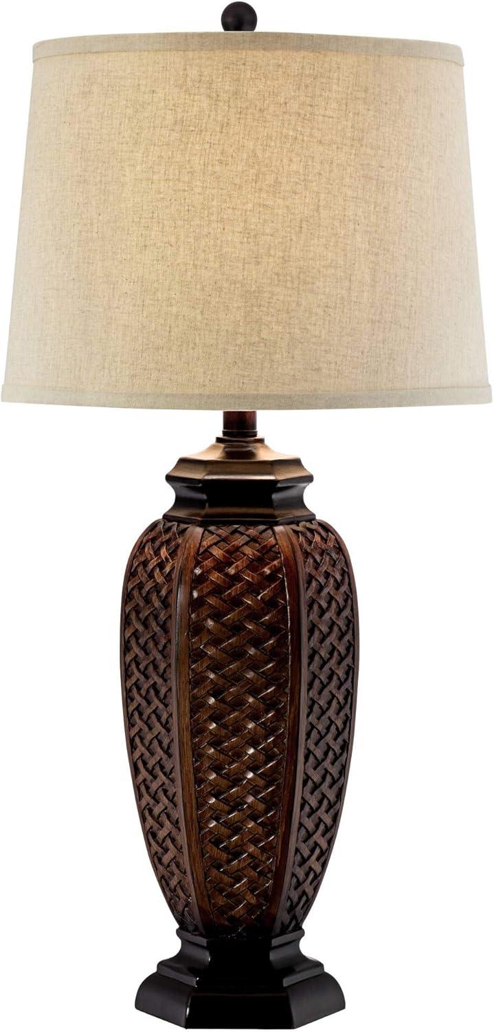 Regency Hill Tropical Table Lamp 29" Tall Woven Wicker Pattern Beige Linen Drum Shade for Living Room Family Bedroom Bedside Nightstand