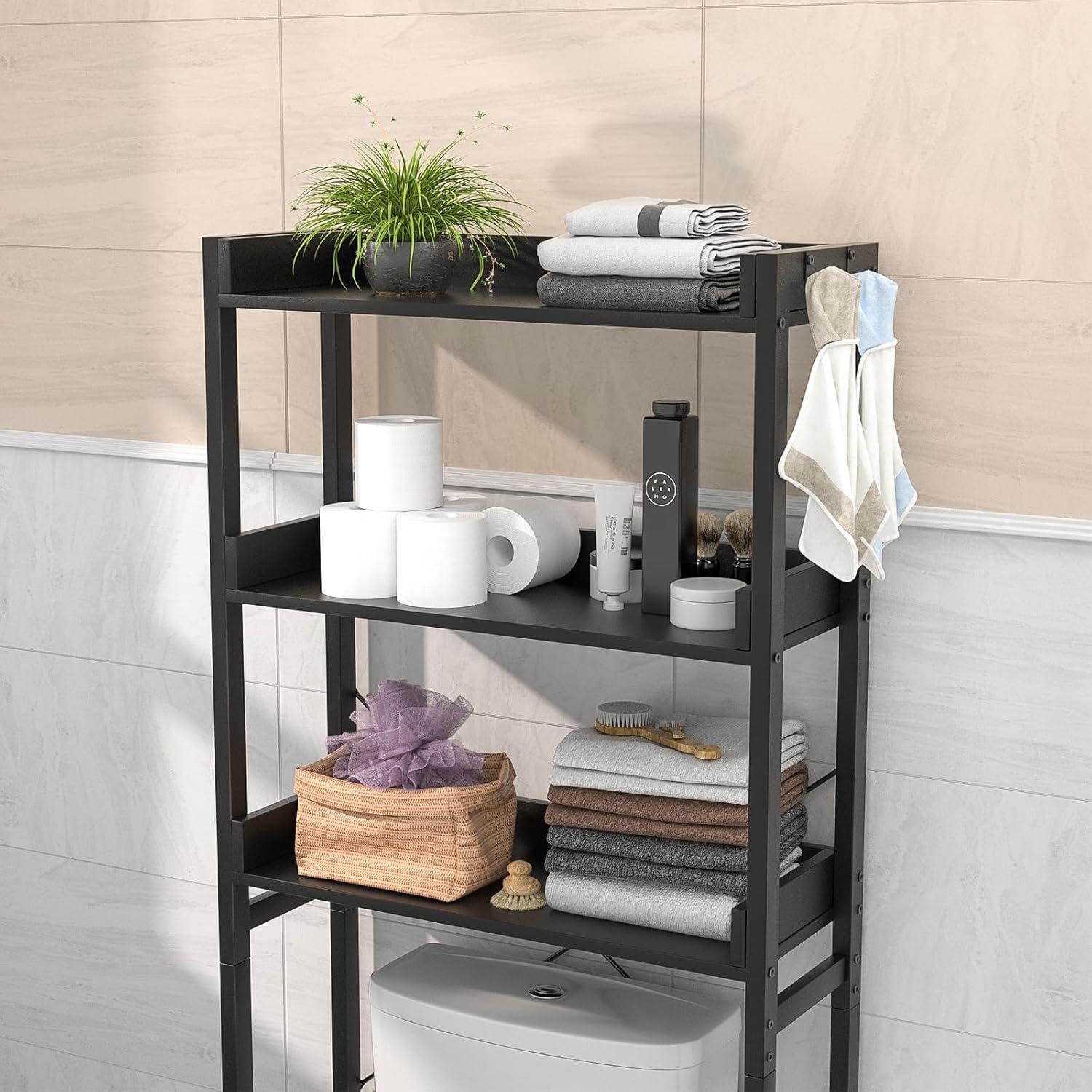 3-Tier Over The Toilet Storage, Space Saver Metal Bathroom Shelves, Freestanding Above Over Toilet Storage Shelf With 4 Hooks For Bathroom, Black