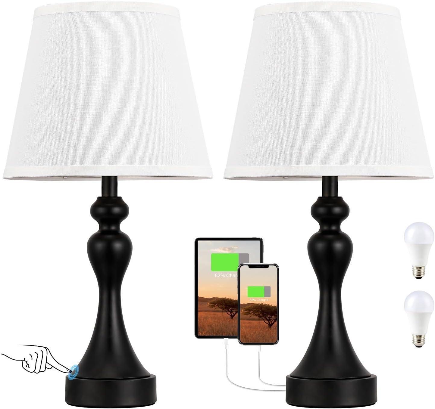 Black Touch Table Lamps with Light Oat Fabric Shades, Set of 2