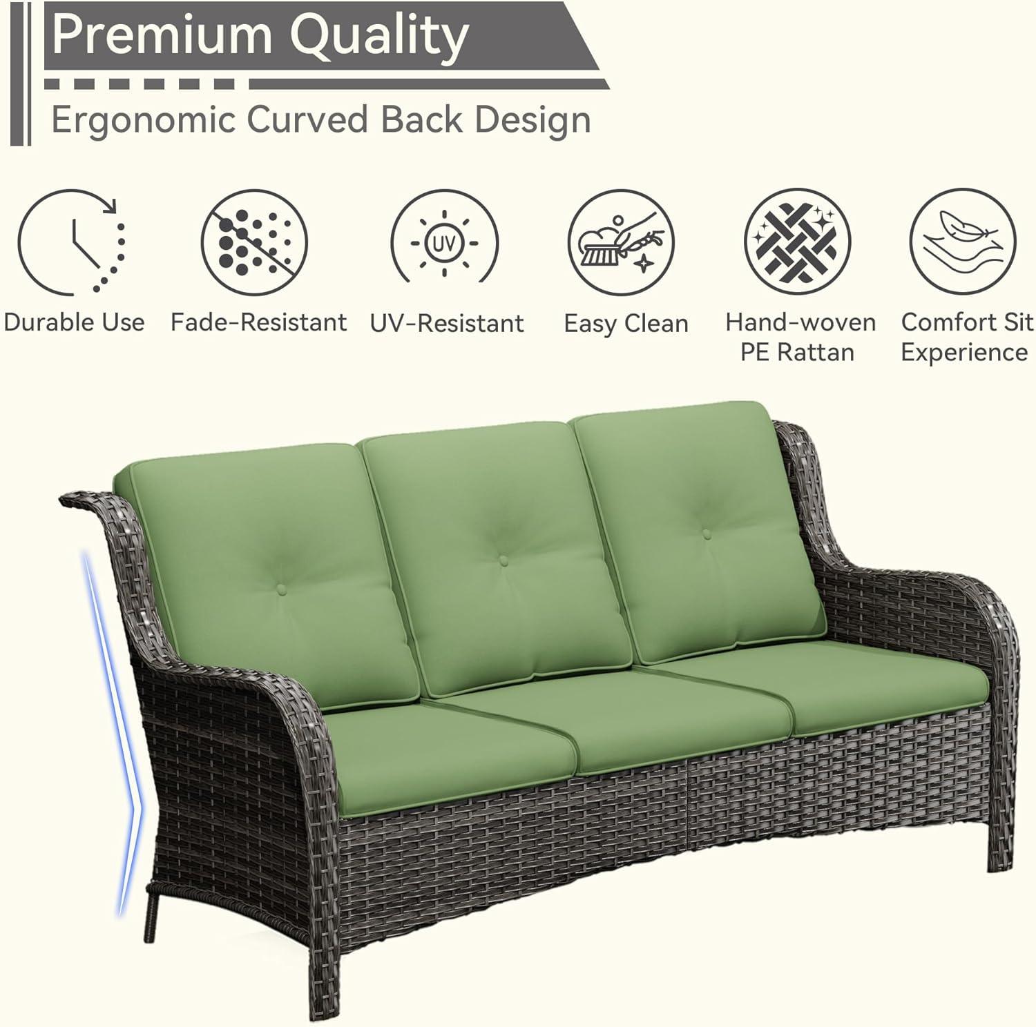 3-Seat Wicker Outdoor Patio Sofa Sectional Couch with Green Cushions