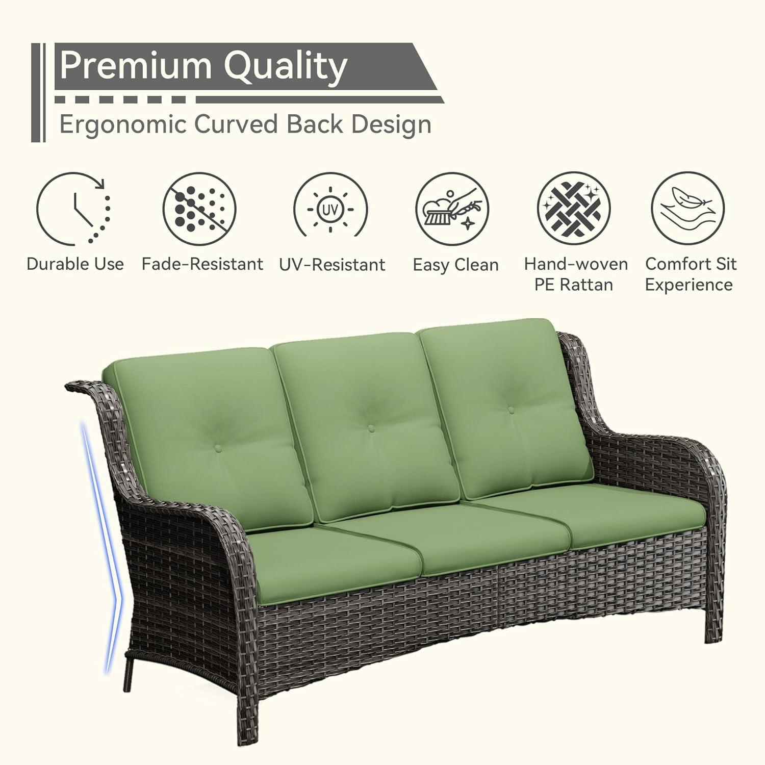 3-Seat Wicker Outdoor Patio Sofa Sectional Couch with Green Cushions