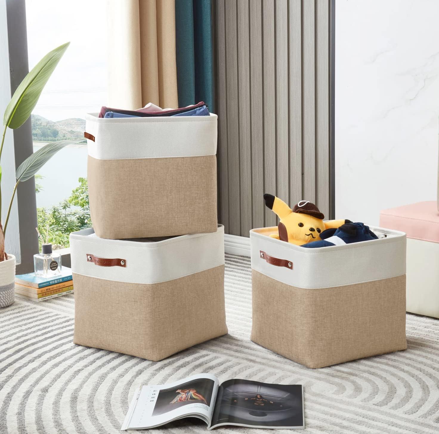 Beige and White Rectangular Fabric Storage Bins with Handles