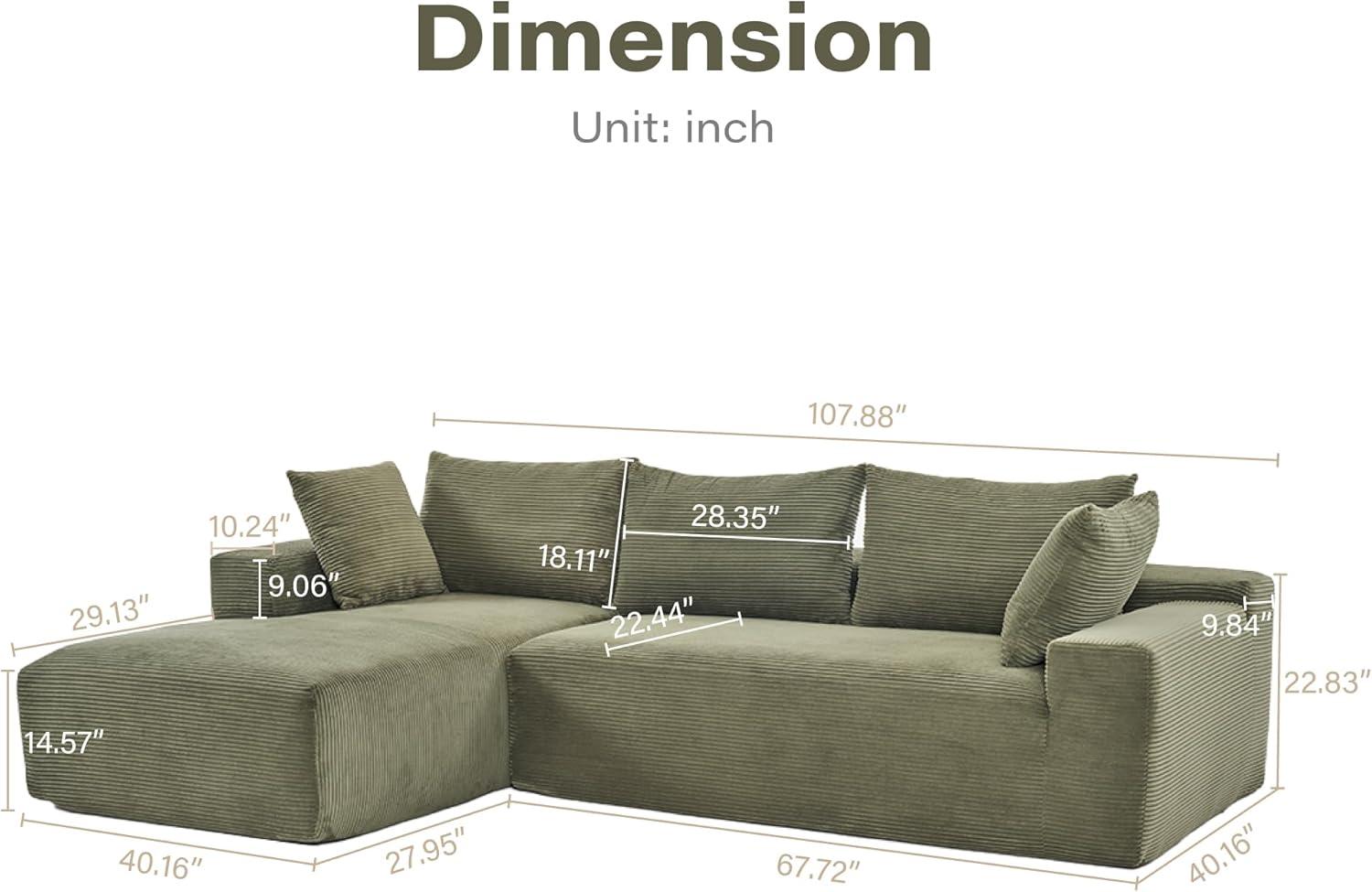 DEINPPA Modern Minimalist Style Modular Sofa Couch with Pillows and Back Support, Deep Sectional Sofa Furniture Set, 4-Seater Corduroy L-Shaped Sofa(Left Facing Chaise)