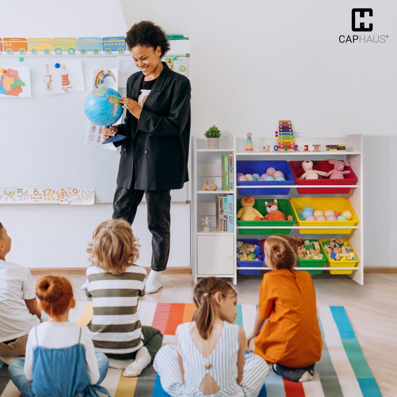 Sturdis Toy Storage Organizer with Bookshelf, Kids Playroom Organization Shelving Unit with Removable Colorful Storage Bins & Anti-Tip Bracket, White