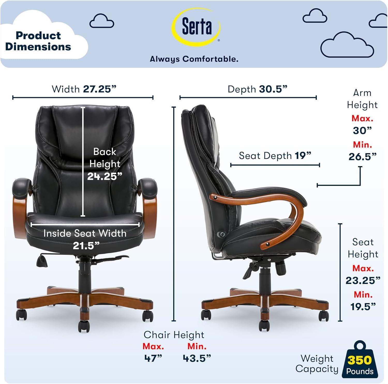 Serta Conway Big and Tall Executive Ergonomic Office Chair with Lumber Support and Wood Accents