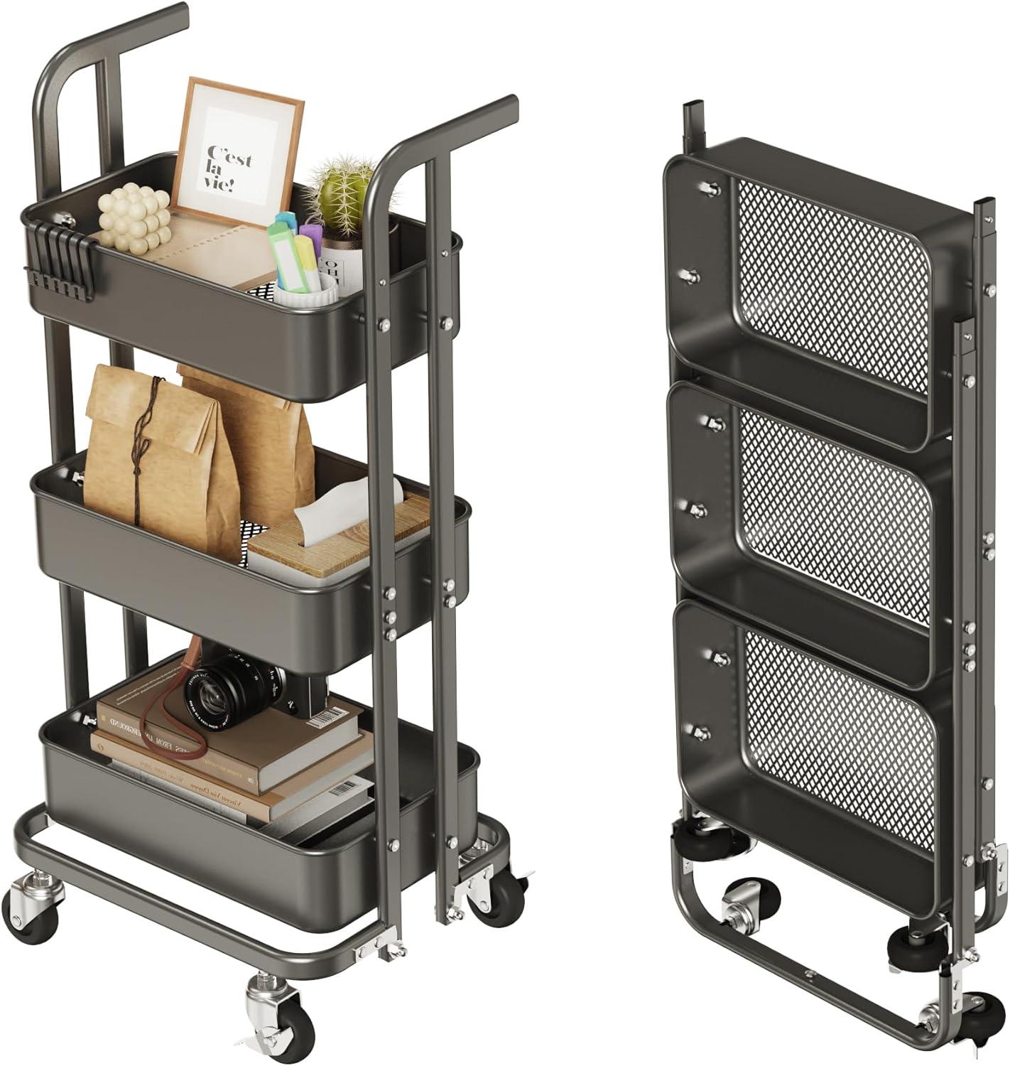 Black 3-Tier Foldable Metal Utility Cart with Locking Wheels