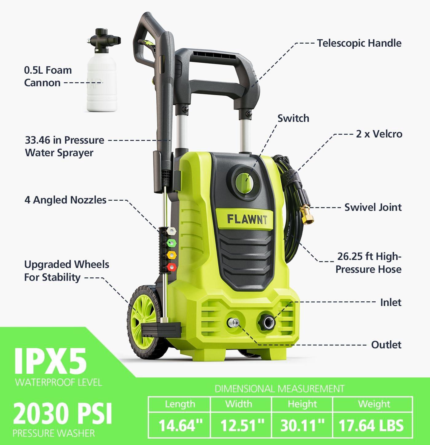 Electric Pressure Washer, 26 FT Hose Pressure Cleaner 2030 PSI with 4 Nozzles Tips,Surface Cleaning with Upgraded Swivel Joint for Car/Fences/Daily Needed-Green