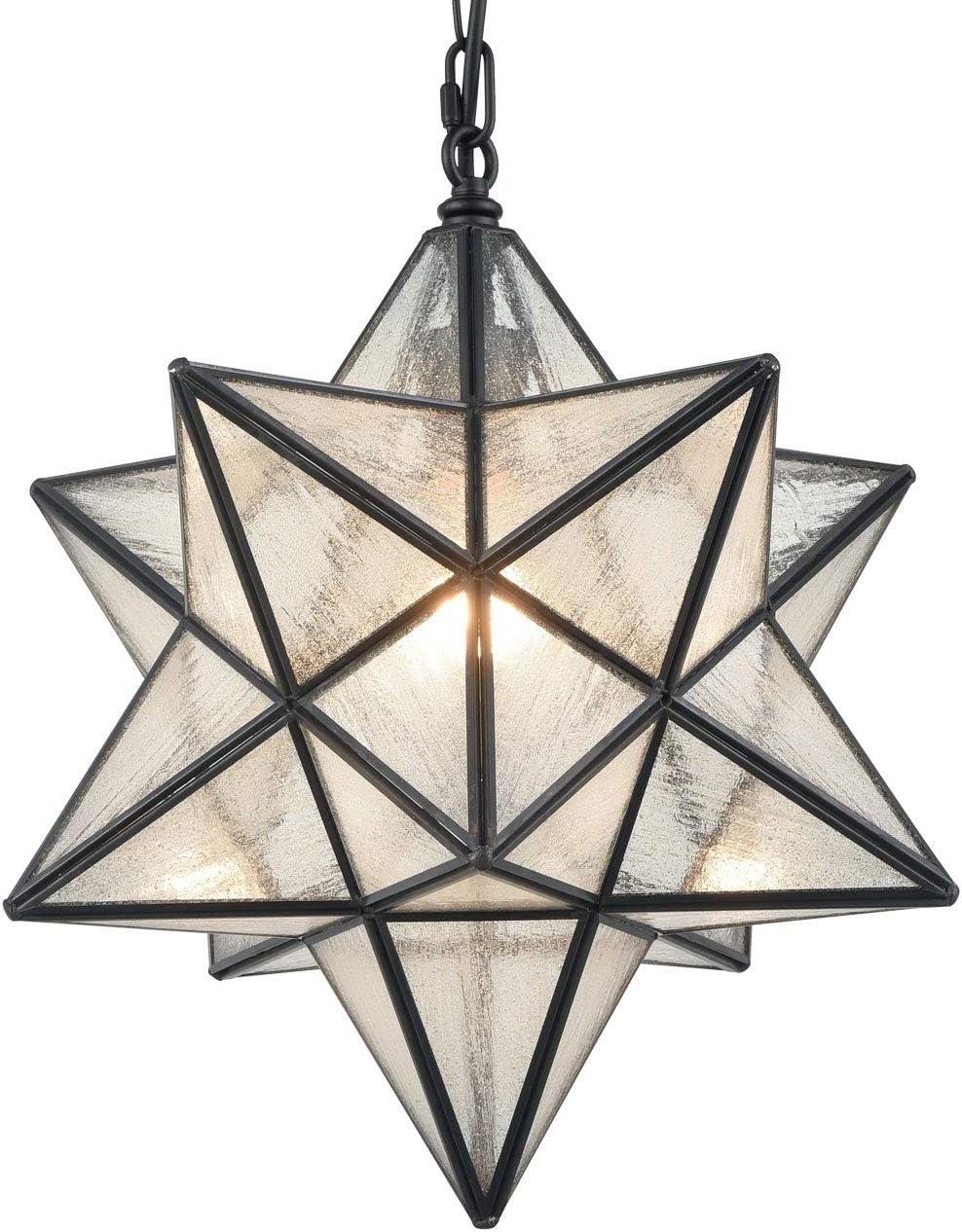 Claxy 16" Black Moravian Star Pendant Light with Seeded Glass Shade