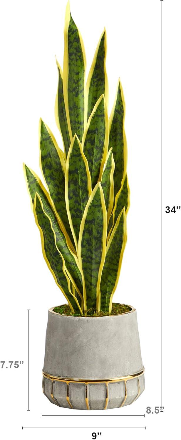 34" Faux Sansevieria in Stoneware Planter with Gold Trim