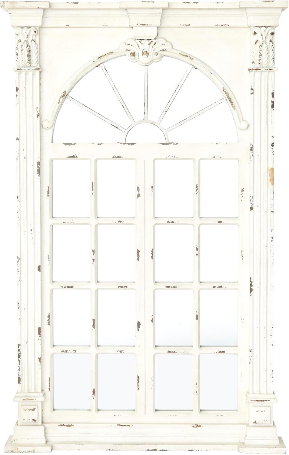 Wood Window Panes Inspired Wall Mirror with Arched Top and Distressing Cream - Olivia & May: Vintage Style, No Assembly Required